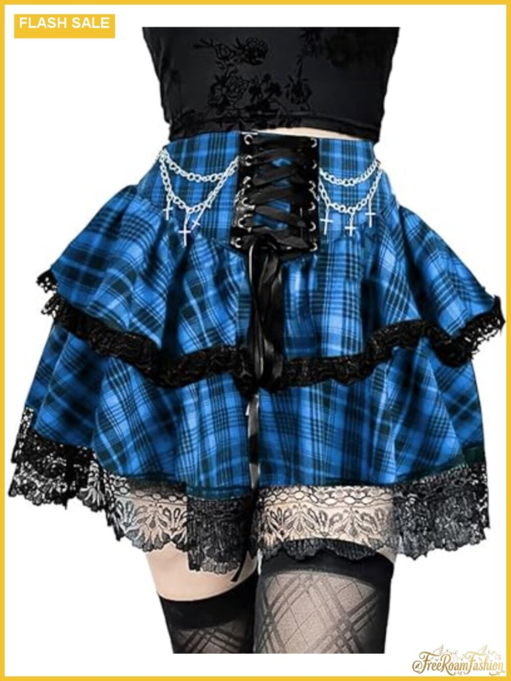 Womens Gothic Mini Skirt Tie Waist Layered Punk Emo High Waisted A-Line